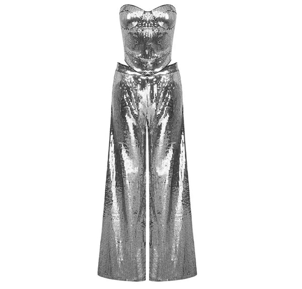Women Sexy Strapless Silver Sequins Two Piece Pant Set