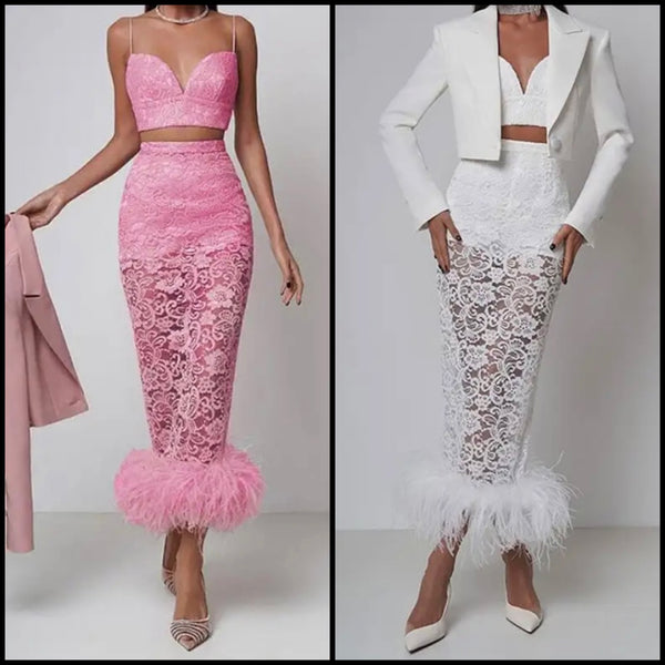 Women Sexy Sleeveless Lace Faux Fur Two Piece Maxi Skirt Set