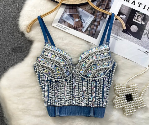 Women Sexy Sleeveless Beaded Bling Denim Crop Top