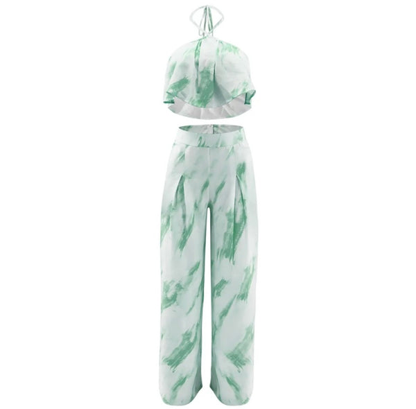 Women Ruffled Sleeveless Halter Two Piece Wide Leg Pant Set