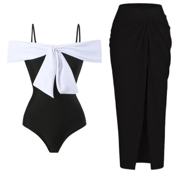 Women Off The Shoulder B&W Sexy Swimsuit Cover Up Set