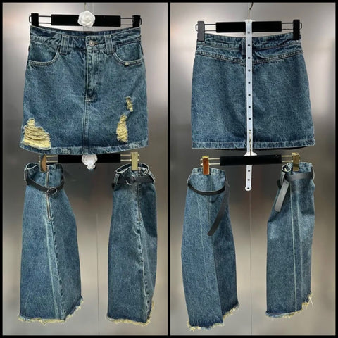 Women Fashion Ripped Denim Skirt Shoe Cover Set