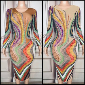 Women Sexy Full Sleeve Mesh Colorful Rhinestone Printed Dress