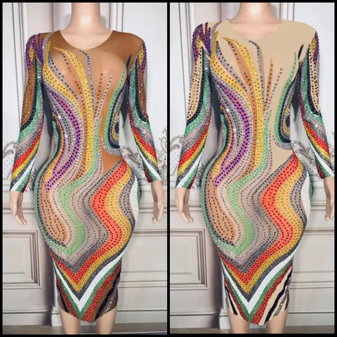 Women Sexy Full Sleeve Mesh Colorful Rhinestone Printed Dress