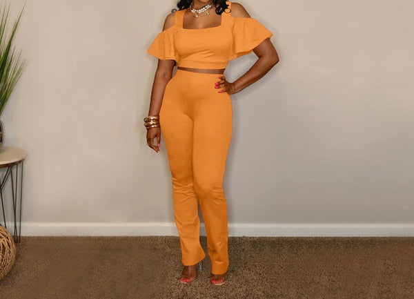 Women Solid Color Ruffled Short Sleeve Crop Two Piece Pant Set