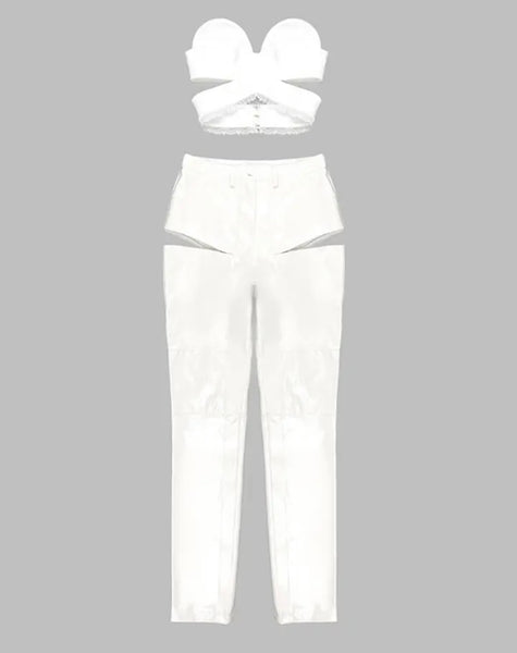 Women White Sexy Strapless Two Piece PU Pant Set