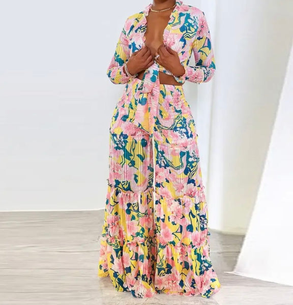 Women Floral Full Sleeve Crop Two Piece Wide Leg Pant Set