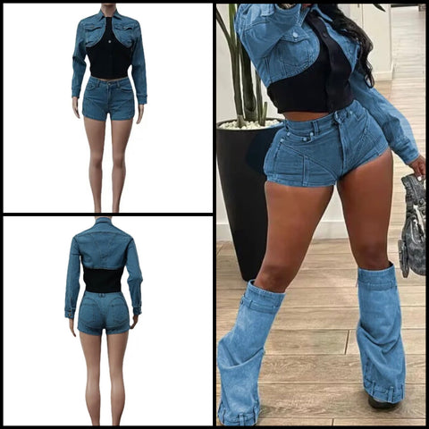Women Fashion Full Sleeve Denim Two Piece Short Set