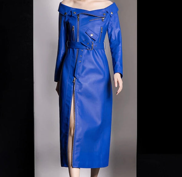Women Sexy Blue Leather Off The Shoulder Zipper Maxi Dress