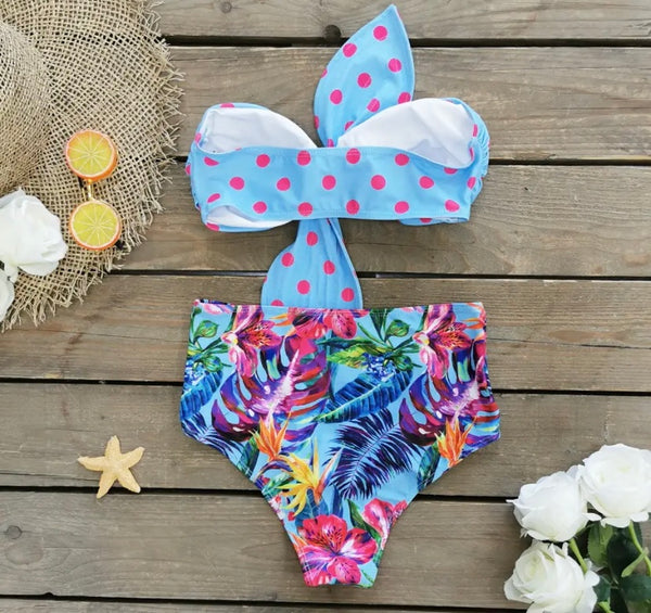 Women Sexy Strapless Polka Dot Floral Bikini Cover Up Set