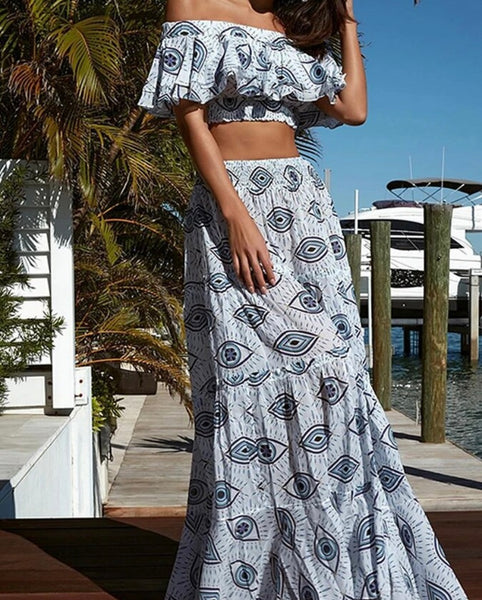 Women Ruffled Off The Shoulder Printed Bikini Cover Up Set