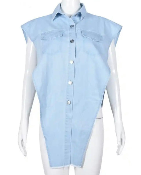 Women Sleeveless Button Up Fashion Denim Asymmetrical Top