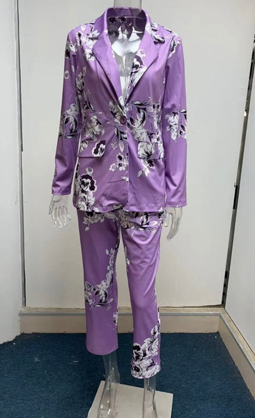 Women Fashion Floral Blazer Two Piece Pant Set