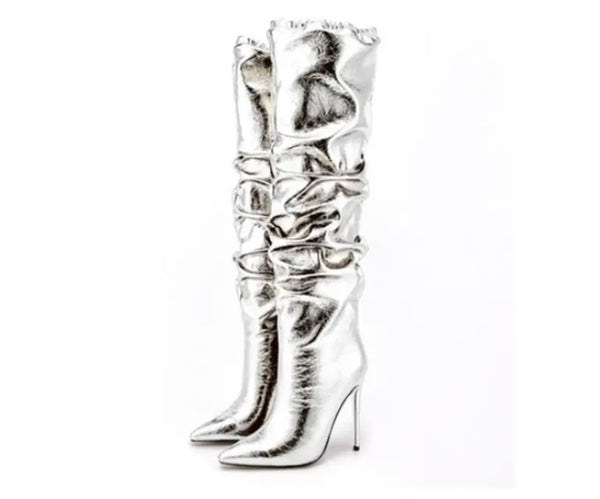 Women Ruched PU High Heel Knee High Boots