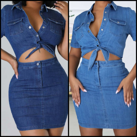 Women Short Sleeve Fashion Cut Out Denim Dress