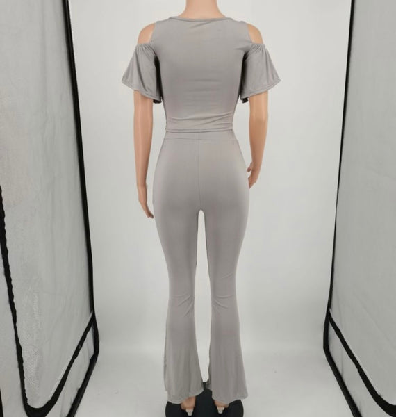 Women Solid Color Ruffled Short Sleeve Crop Two Piece Pant Set