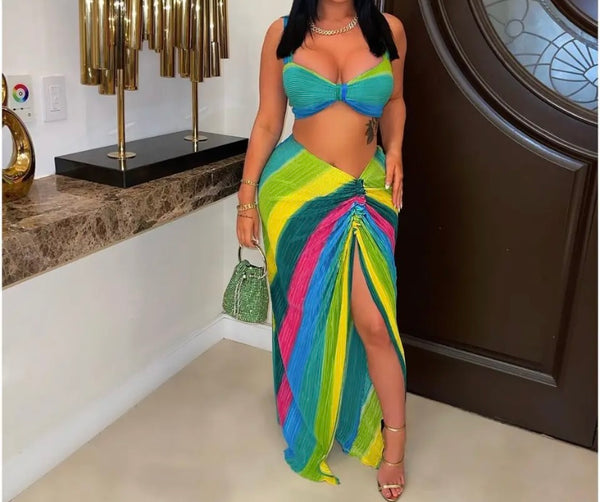 Women Sexy Halter Multicolored Two Piece Maxi Skirt Set