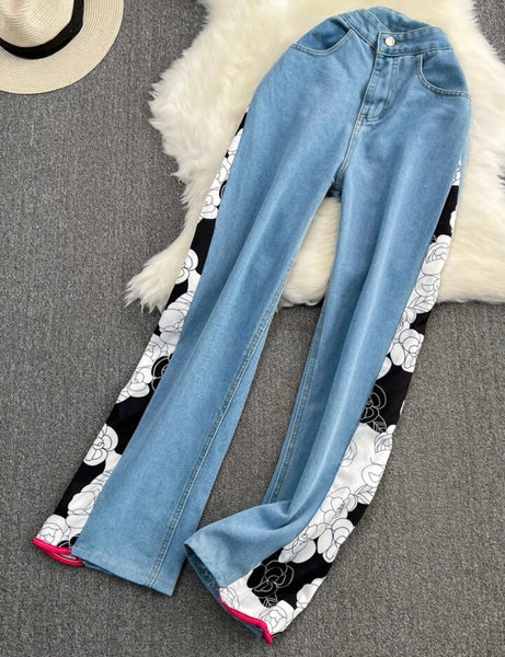 Women Strapless Denim Fashion Floral Patchwork Two Piece Pant Set
