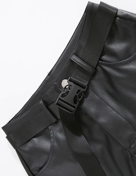 Women Black Faux Leather Buckled Cut Out Pants