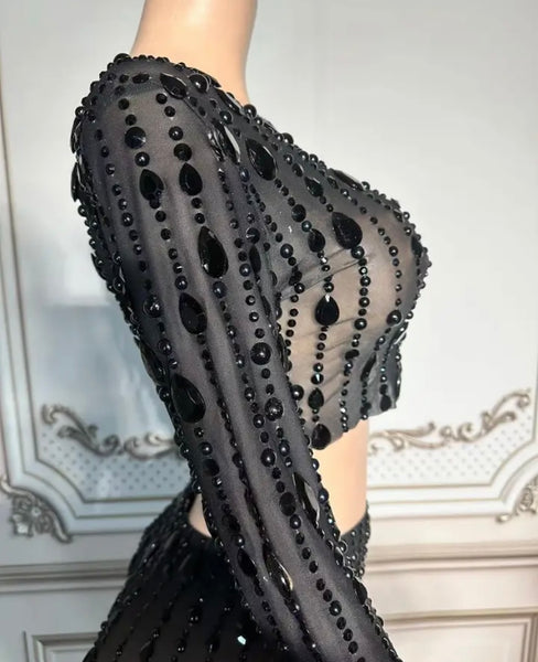 Women Sexy Black Beaded Mesh Full Sleeve Crop Two Piece Maxi Skirt Set