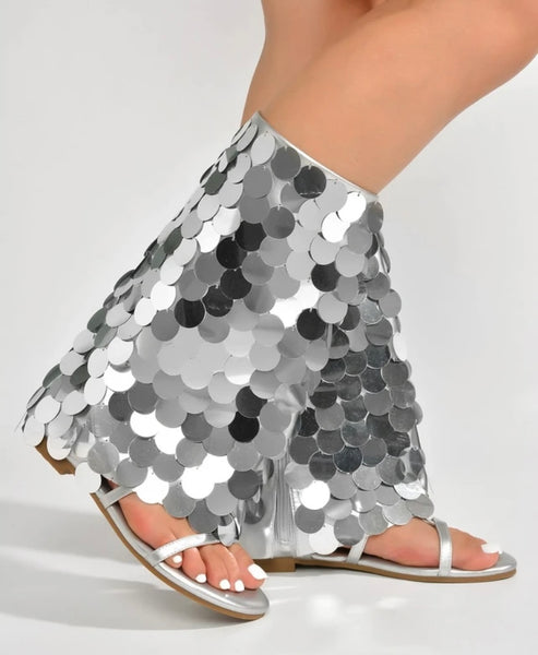 Women Fashion Flat Sequins Mid-Calf Boots