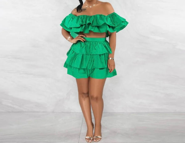 Women Sexy Off The Shoulder Ruffled Two Piece Skirt Set