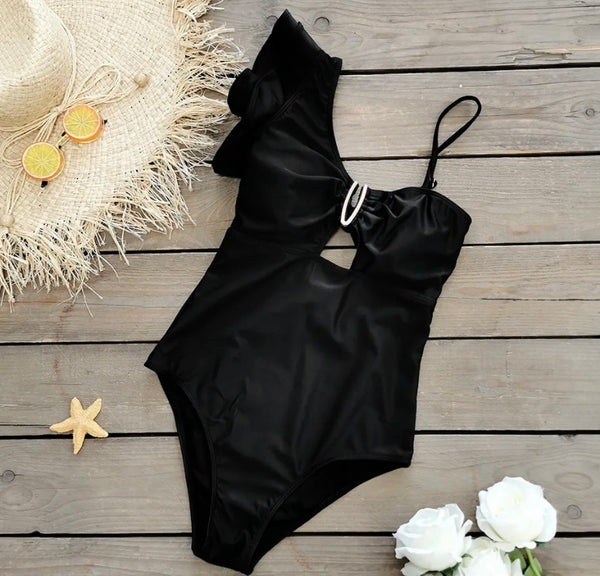 Women Ruffled Shoulder Sexy Black Swimsuit Cover Up Set