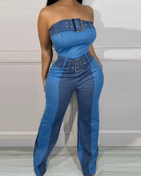 Women Sexy Buckled Strapless Denim Jumpsuit