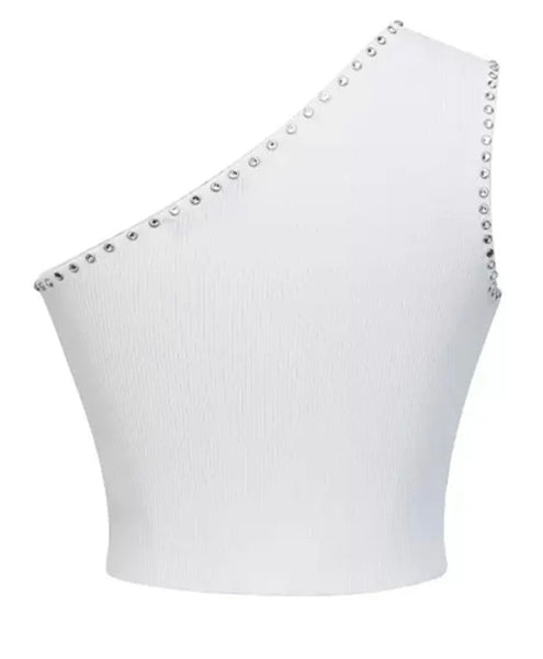 Women One Shoulder Rhinestone Patchwork Crop Top