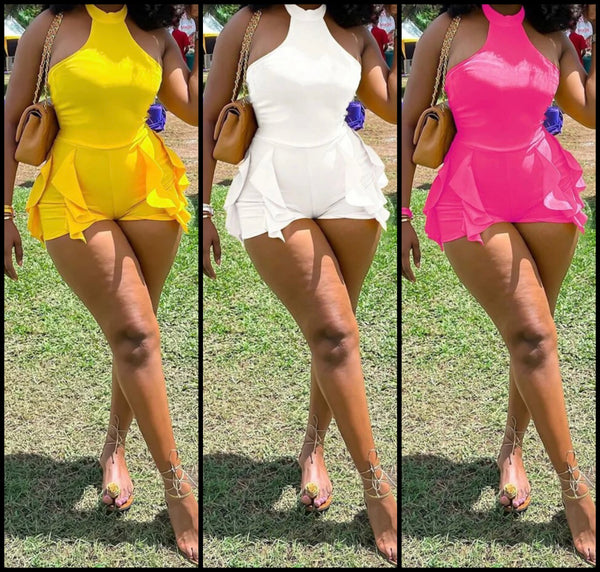 Women Sexy Sleeveless Ruffled Solid Color Romper