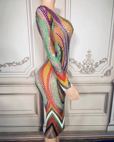 Women Sexy Full Sleeve Mesh Colorful Rhinestone Printed Dress