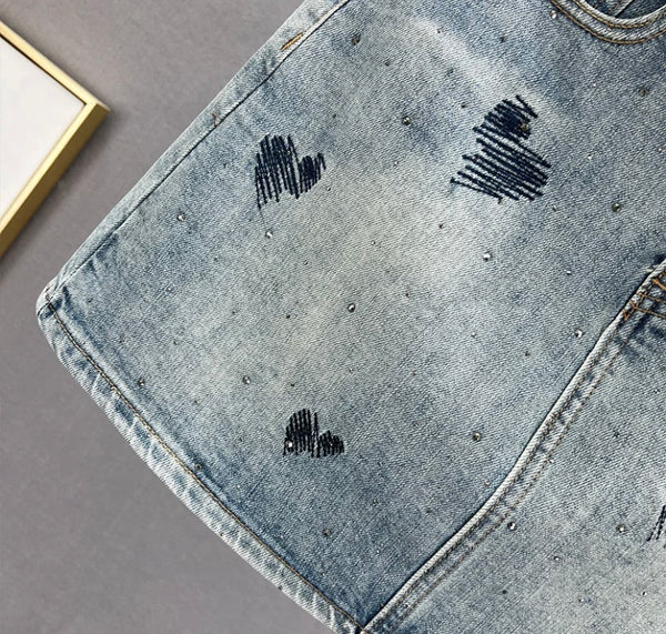 Women Heart Print Fashion Denim Skirt