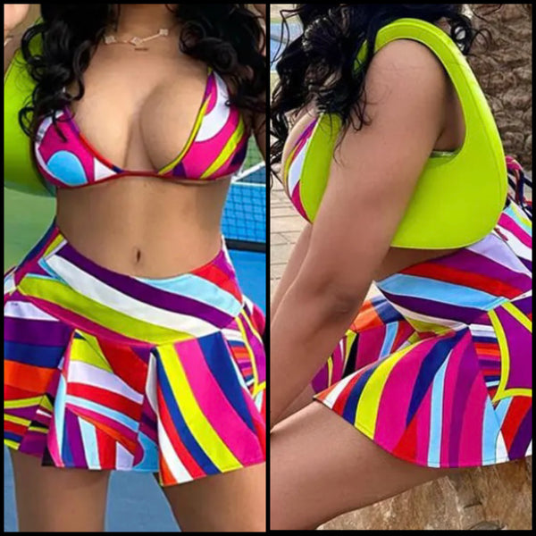 Women Sexy Multicolored Print Halter Two Piece Pleated Skirt Set