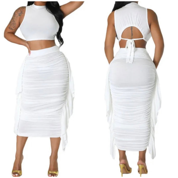 Women Sexy Solid Color Tie Up Open Back Sleeveless Crop Two Piece Skirt Set