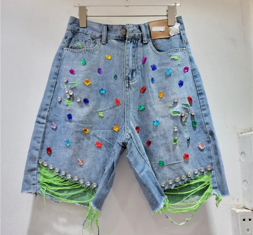 Women Color Ripped Rhinestone Gem Denim Shorts