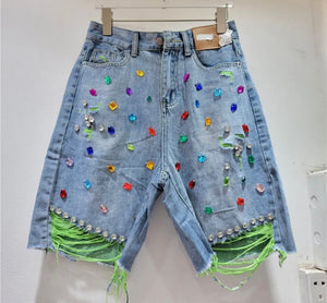 Women Color Ripped Rhinestone Gem Denim Shorts