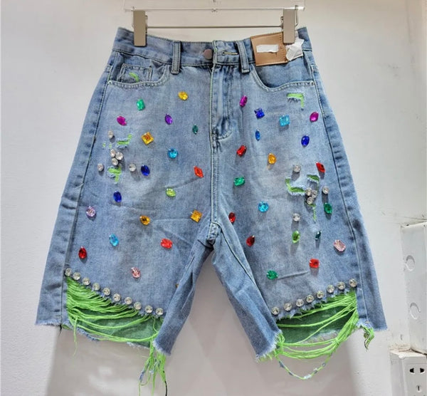 Women Color Ripped Rhinestone Gem Denim Shorts