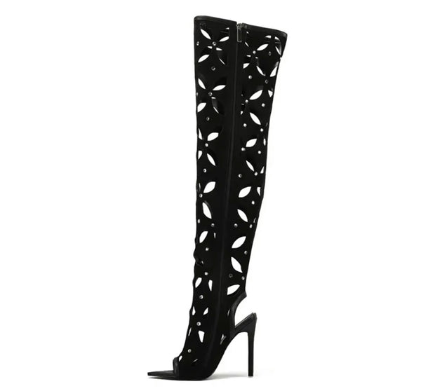 Women Open Toe Hollow Out Knee High Boots