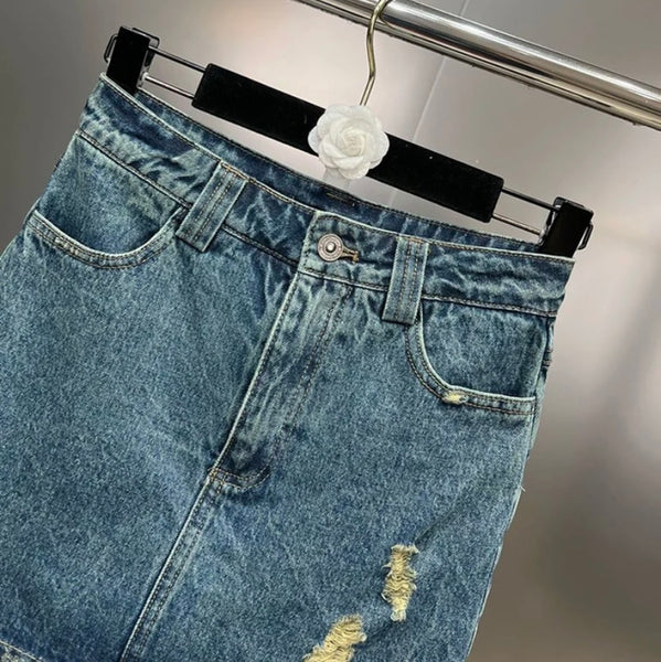 Women Fashion Ripped Denim Skirt Shoe Cover Set