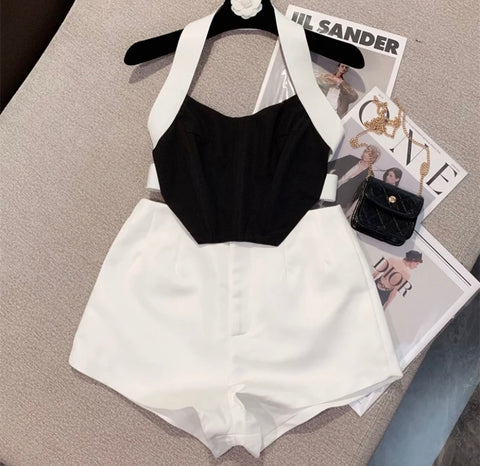 Women B&W Sleeveless Halter Two Piece Short Set