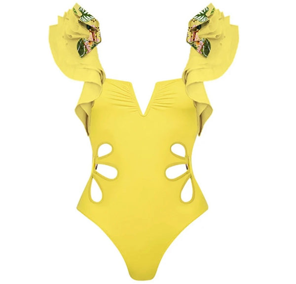 Women Sexy Ruffled Yellow Swimsuit Skirt Cover Up Set