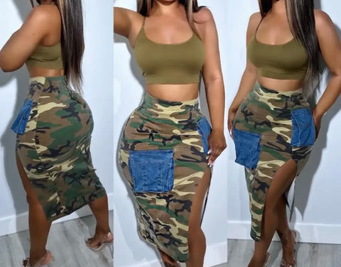 Women Camouflage Denim Pocket Fashion Maxi Skirt