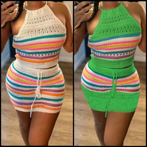 Women Sexy Sleeveless Halter Colorful Striped Two Piece Skirt Set