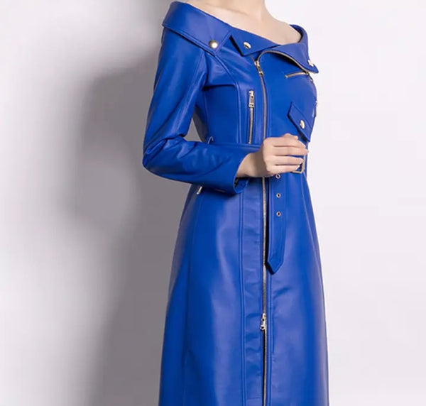 Women Sexy Blue Leather Off The Shoulder Zipper Maxi Dress