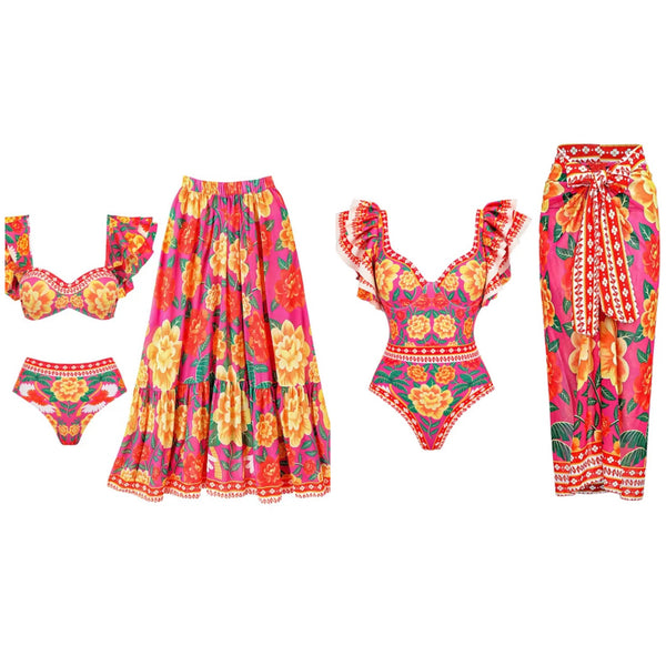 Women Ruffled Colorful Print Sexy Bikini/Swimsuit Cover Up Set