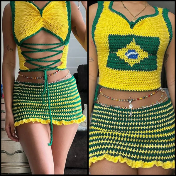 Women Sexy Sleeveless Color Patchwork Knitted Two Piece Skirt Set