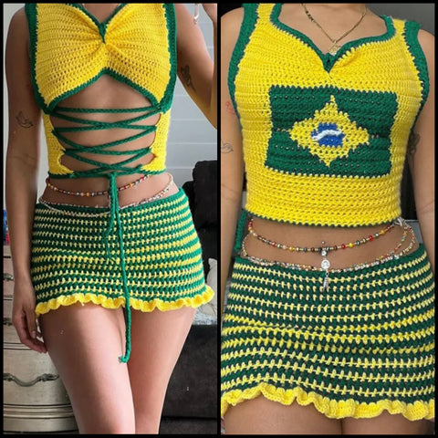 Women Sexy Sleeveless Color Patchwork Knitted Two Piece Skirt Set