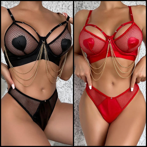 Women Sexy Heart Chain Mesh Lingerie Set