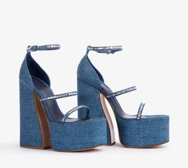 Women Fashion Platform Denim Bling Ankle Strap Sandals