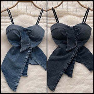 Women Sleeveless Fashion Sexy Asymmetrical Denim Top